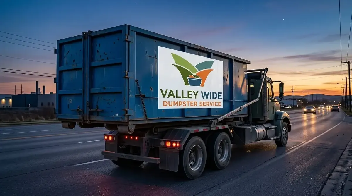 Dumpster rental in Phoenix, AZ Valley Wide Dumpster Service roll-off truck carrying a container in Phoenix, Arizona